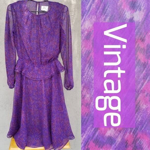 1970s Purple Sheer Leopard Print Peplum Midi Dress Long Sleeve Size 10 Vintage - Picture 8 of 9